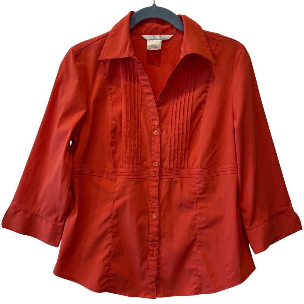 Como Petite S Pleated Button Front‎ 3/4 Sleeve Blouse Top Women PM